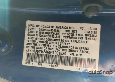 2004 Honda Element Ex z USA, uszkodzony, nr VIN 5J6YH28664L001829